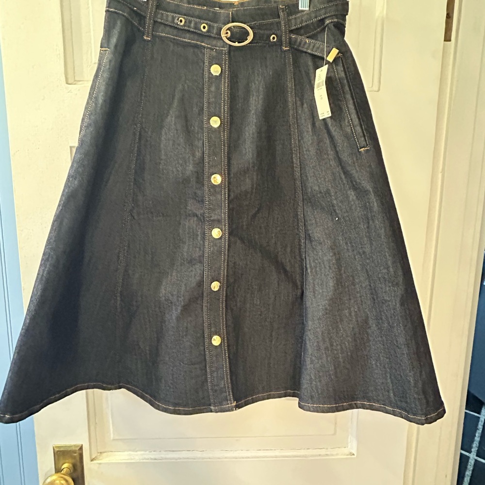 Pilcro Dark Denim A‑Line Skirt with Gold Buttons and Belt
